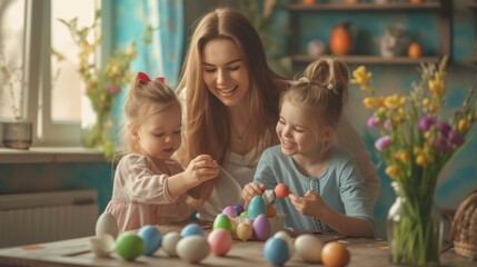 Obraz premium Happy family mother and child painting easter eggs for easter