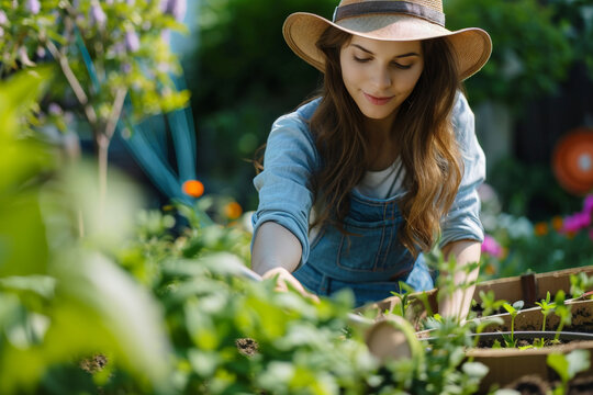 Young woman in hat gardening food spices on her backyard
