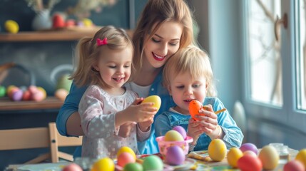 Fototapeta na wymiar Happy family mother and child painting easter eggs for easter