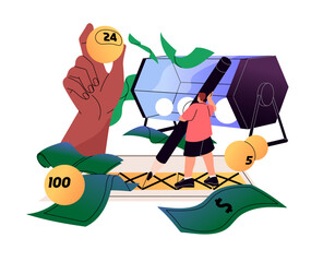 People play bingo, spin lottery drum, machine with lotto balls. Tiny gambler crosses out numbers on card. Chance games, betting. Casino industry. Flat isolated vector illustration on white background