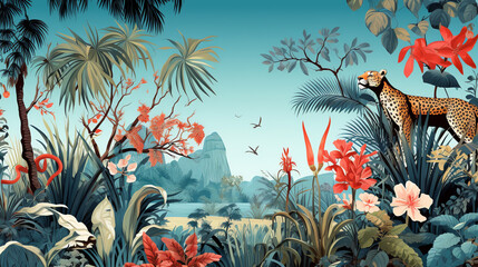 Obraz na płótnie Canvas Botanical chinoiserie background with crane bird. AI generated image.