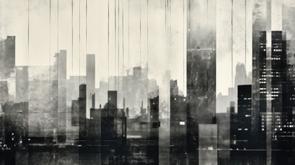 Generative AI, Poster with cityscape in risograph and glitch style, monochrome colors	
