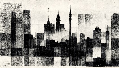 Generative AI, Poster with cityscape in risograph and glitch style, monochrome colors	
