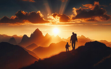 Father and son watching the sunset at the mountains