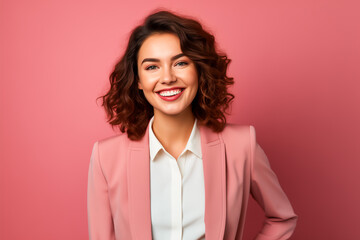Fototapeta premium Young smiling confident businesswoman isolated on pink background. Portrait of a cheerful woman.