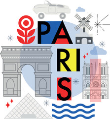 Typography word "Paris" branding technology concept. Collection of flat vector web icons, culture travel set, famous architectures, specialties detailed silhouette. European famous landmark.