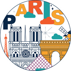 Typography word "Paris" branding technology concept. Collection of flat vector web icons, culture travel set, famous architectures, specialties detailed silhouette. European famous landmark.