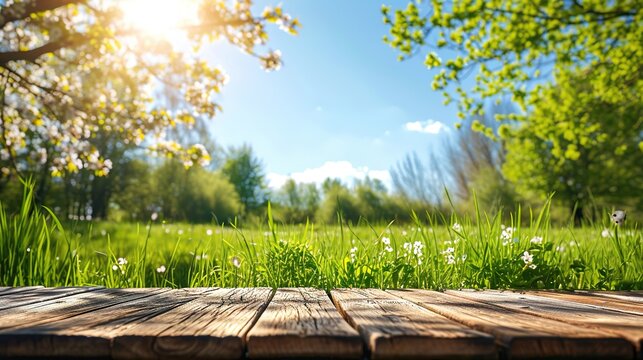 natural spring garden background of fresh green grass with a bright blue sunny sky with a wooden table to place cut out products on