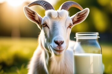 White goat and milk in glass jug in summer field on grass sunny afternoon with blurred background. Health benefits of farm milk. Immunity support