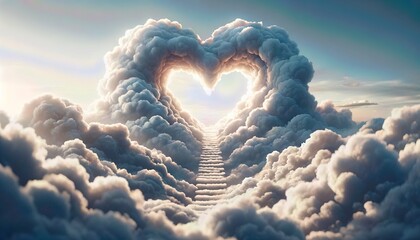 Heart-shaped whole in the clouds, with a stairway made of clouds leading to it - obrazy, fototapety, plakaty