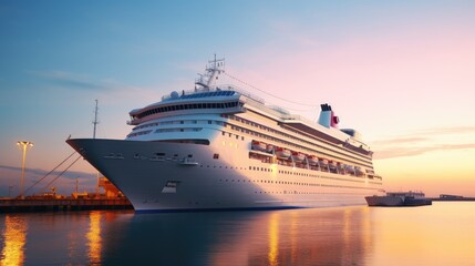 A modern, white cruise ship near the pier at sunset, side view. Travel and vacation