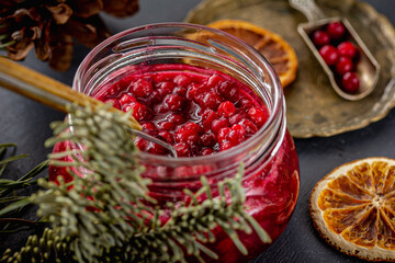Natural lingonberry Jam in a Jar.  Preserved berries, Home canning.  Antioxidant Superfood. High...