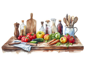 Watercolor Still Life with Fresh Vegetables, Herbs, Cutting Boards and Kitchenware
