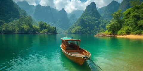 Cruise by boat through the picturesque landscapes of Thailand, exploring turquoise waters, lush greenery and sandy shores. - obrazy, fototapety, plakaty