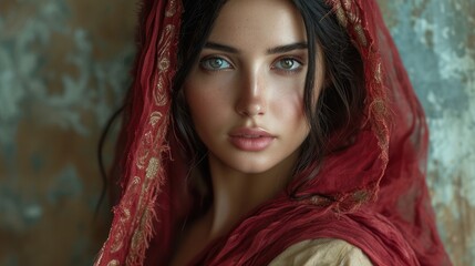 Biblical character. Close up portrait of a woman with a shawl looking at camera. 