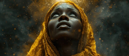 Biblical character. Close up portrait of a black woman with a shawl looking up.  - obrazy, fototapety, plakaty