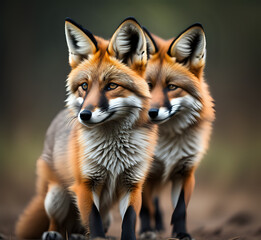 Fototapeta premium Close-up portrait of two red foxes in the forest. Wild Red Foxes Untamed Creatures. Family of cute foxes in the winter forest Generative AI