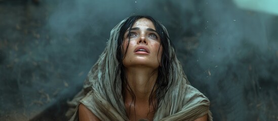 Fototapeta premium Biblical character. Emotional close up portrait of a woman with blue eyes in a veil looking up. 