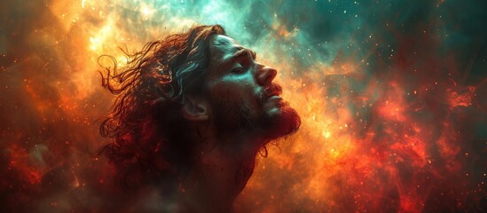Portrait of Jesus in the smoke and fire.