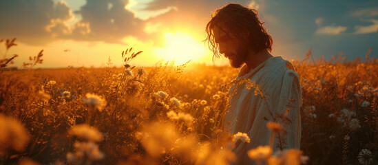 Biblical character. Jesus Christ. Man in a field of wildflowers at sunset. Selective focus. - obrazy, fototapety, plakaty