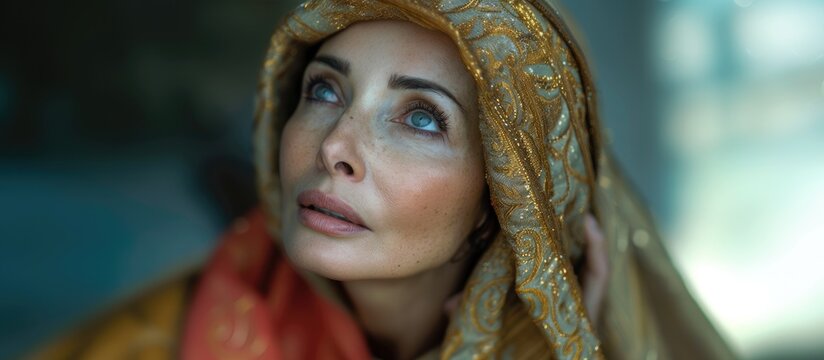Biblical character. Emotional close up portrait of a woman with blue eyes in a veil looking up. 