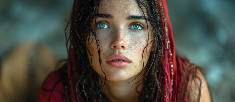 Biblical character. Emotional close up portrait of young woman with blue eyes and wet hair looking up. 