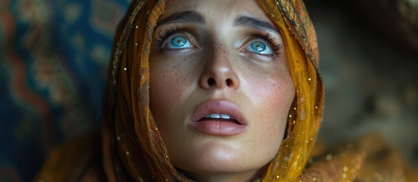 Biblical character. Emotional close up portrait of a woman with blue eyes in a veil looking up. 