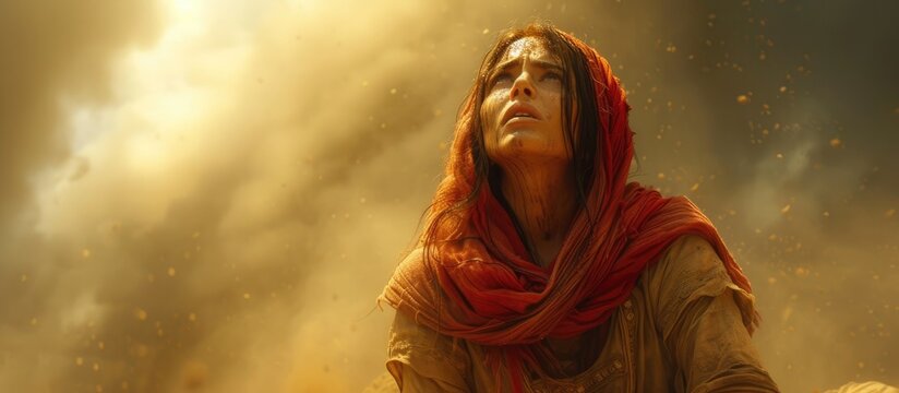 Biblical character. Emotional close up portrait of a woman in a veil looking up. 