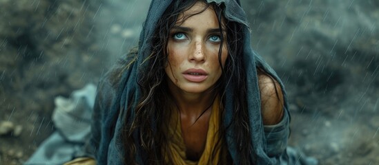 Biblical character. Emotional close up portrait of a woman with blue eyes in a veil looking up. 