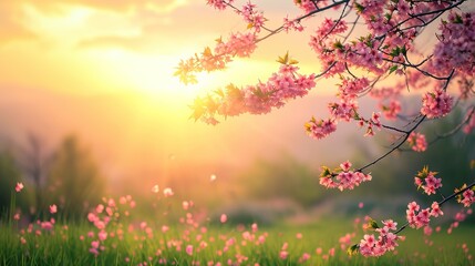 Pink cherry tree blossom flowers blooming in a green grass meadow on a spring Easter sunrise background