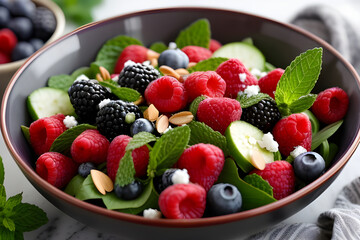 Obraz premium A bowl of refreshing mixed berry salad with mint