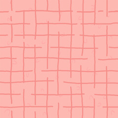 red, pink, pale background with brush texture effect, weave plaid style fine broken lines. Irregular check repeat pattern. Square diagonal shape, grunge noise texture, distortion.