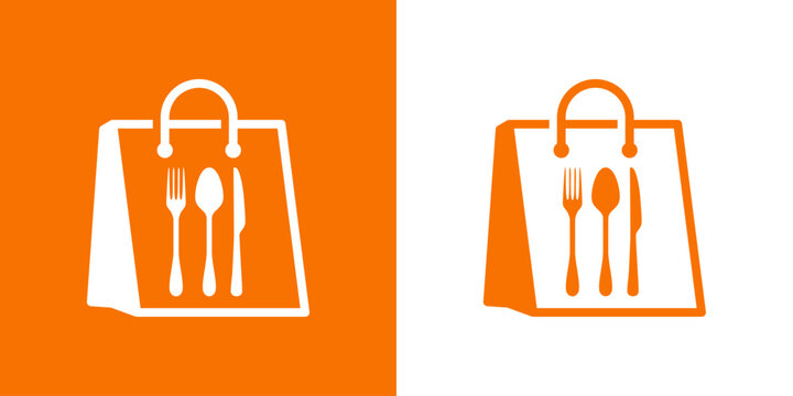 Silueta de cubiertos (tenedor, cuchillo y cuchara) en bolsa de la compra de papel para restaurante de comida para llevar