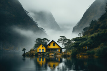 Fototapeta na wymiar Serene yellow cabin by a still lake, enveloped in mist with towering cliffs in the backdrop, creating a mystical atmosphere.