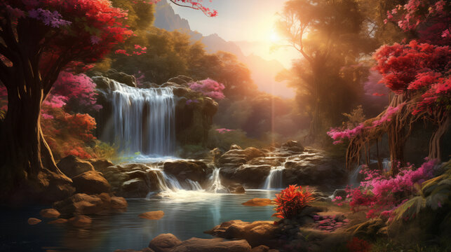 beautiful waterfall in the forest with the sun shining wallpaper