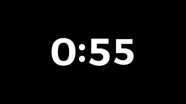 1 Minute Countdown Timer Animation with Dissolving Numbers. 60 Seconds White Countdown on a Black Background.