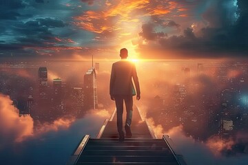 Concept of determined businessman on ascent to success symbolized by climbing staircase. Imagery of light cityscapes and stairs evoke sense of progress and ambition