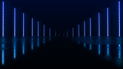 Naklejka premium Abstract colorful background with bright neon rays and glowing lines. Wet asphalt, night view. Bright reflection on the concrete floor. Night empty stage, studio. Dark abstract background. 3D