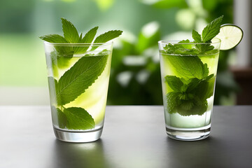 A glass of refreshing mojito with mint leaves - obrazy, fototapety, plakaty