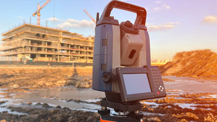 Electronic total station construction of houses, State-of-the-art surveying tool on construction...