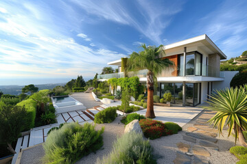 Fototapeta na wymiar high view of a modern house in beautiful mediterranian garden