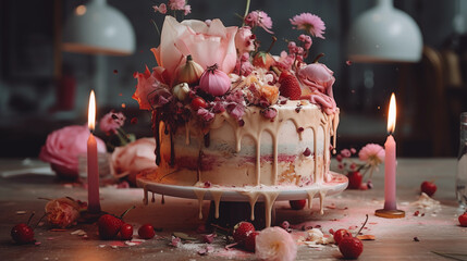 pink wedding cake with flowers 