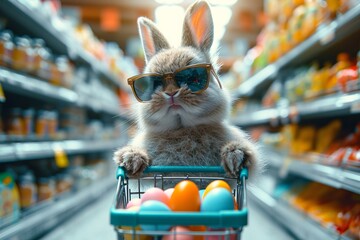 Bunny Bling: Sunglasses and Easter Eggs Generative AI - obrazy, fototapety, plakaty