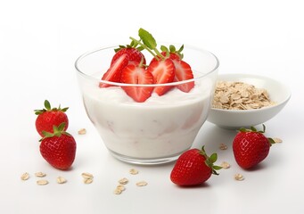 a bowl of yogurt with topping and garnish of strawberries on a wooden table. generative AI