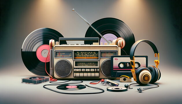 digital illustration concept art of retro 80s music player record with vinyl, headphones and tv antenna.