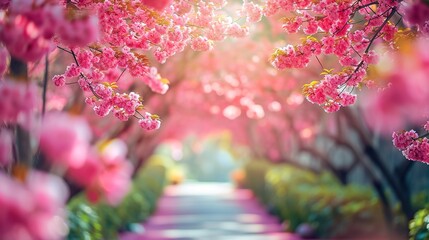 Sakura, Cherry blossoms flower, Garden walkway with beautiful pink sakura full blooming branch tree...
