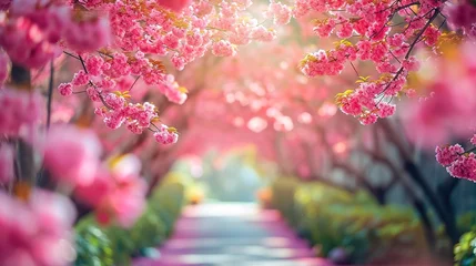 Poster Sakura, Cherry blossoms flower, Garden walkway with beautiful pink sakura full blooming branch tree background with sunny day in spring season © INK ART BACKGROUND