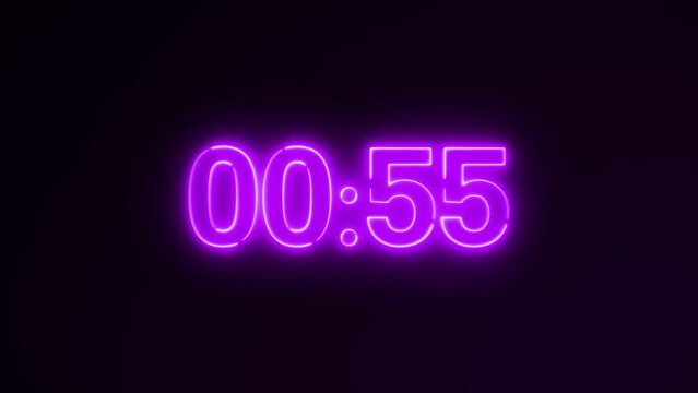 Glowing 1 Minute Countdown Timer Animation. 60 Seconds Neon Purple Countdown on a Black Background.