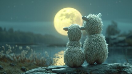 Lunar Nighttime Snuggle: Two Sheep Embrace the Full Moon Generative AI