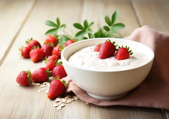 A bowl of oatmeal with topping and garnish of strawberries on a wooden table. generative AI